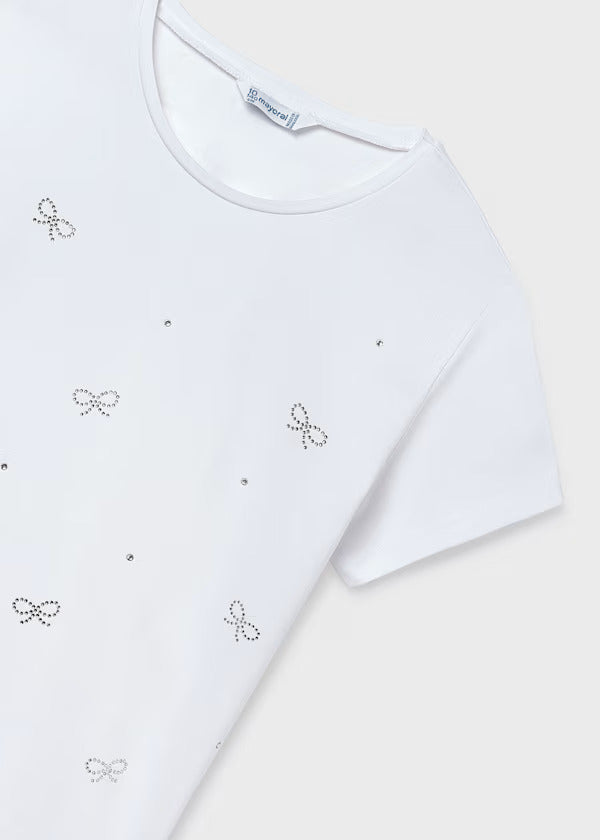 Mayoral Girls White Tee With Sequin Bows   854-86   Blanco