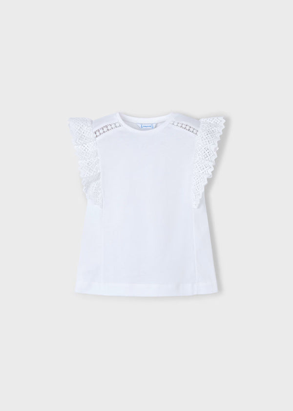 Mayoral Girls Tee With Crochet Trims   3010-75   Blanco
