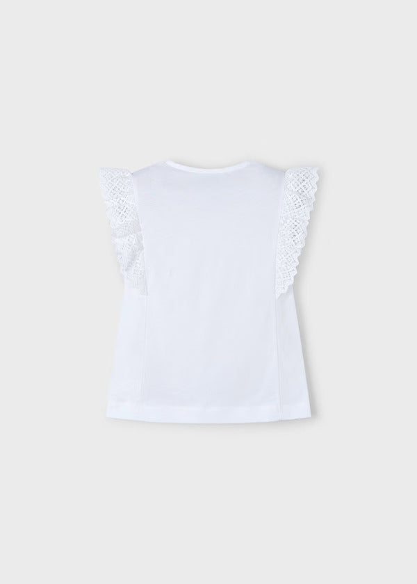 Mayoral Girls Tee With Crochet Trims   3010-75   Blanco
