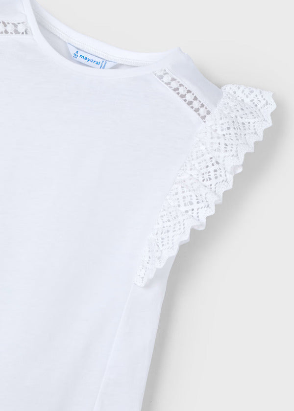 Mayoral Girls Tee With Crochet Trims   3010-75   Blanco
