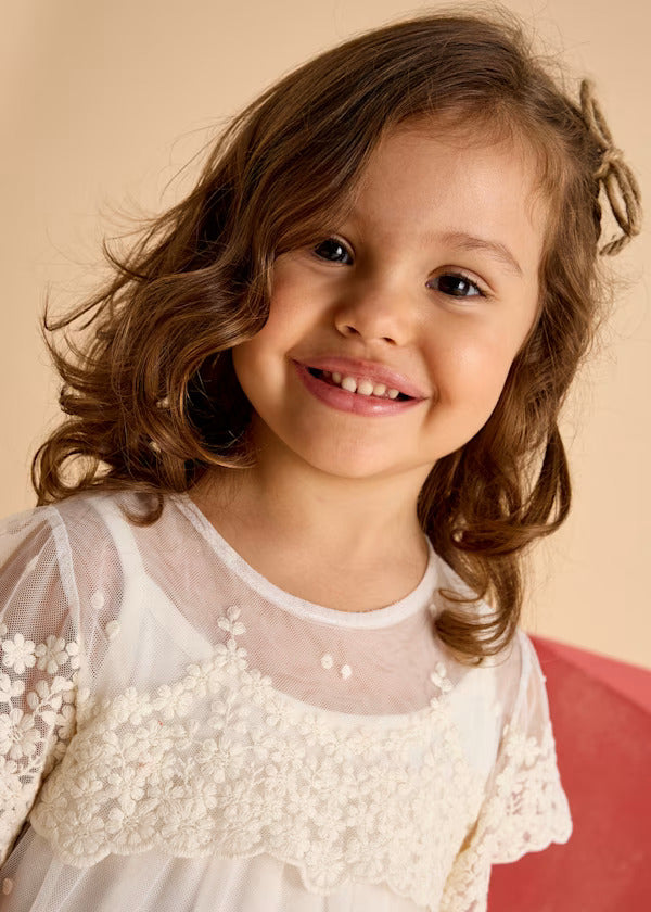 Mayoral Girls Embroidered Tulle Dress   3909-39  Hueso