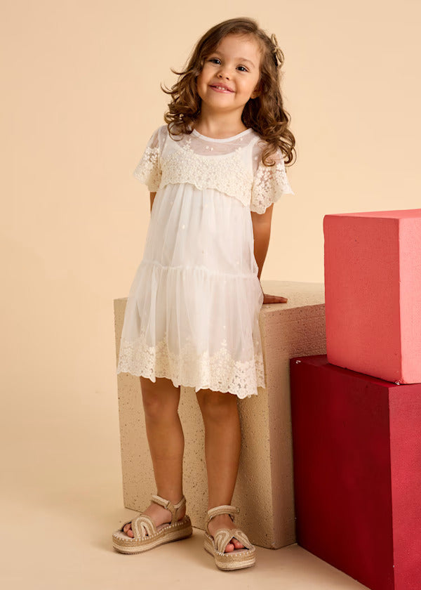 Mayoral Girls Embroidered Tulle Dress   3909-39  Hueso