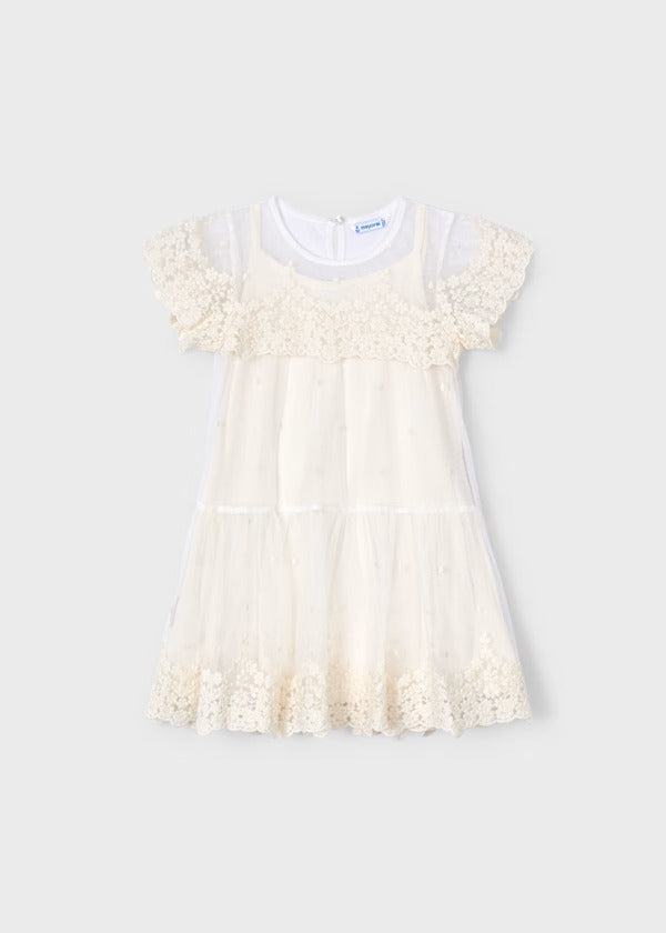 Mayoral Girls Embroidered Tulle Dress   3909-39  Hueso