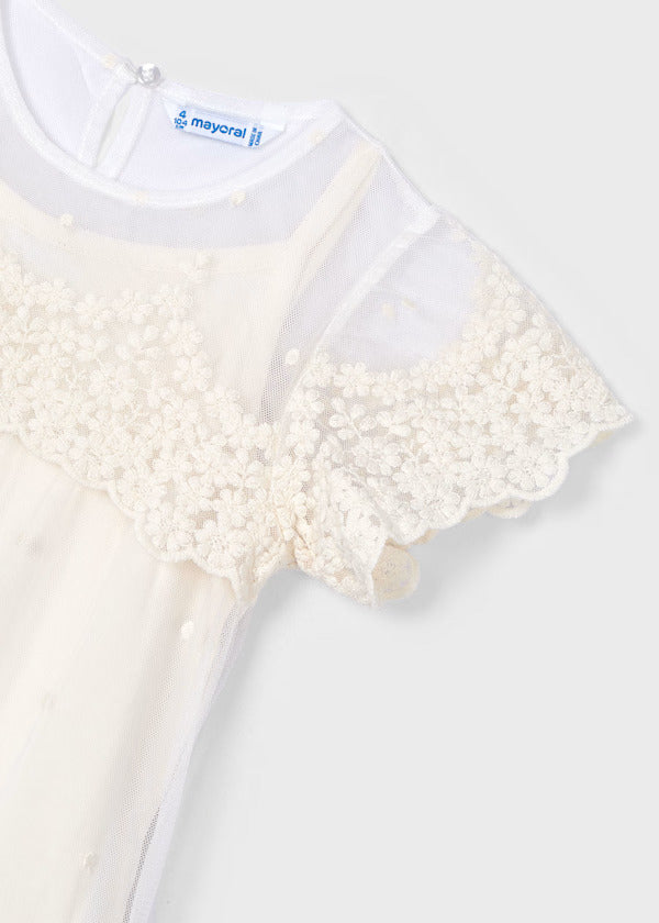 Mayoral Girls Embroidered Tulle Dress   3909-39  Hueso