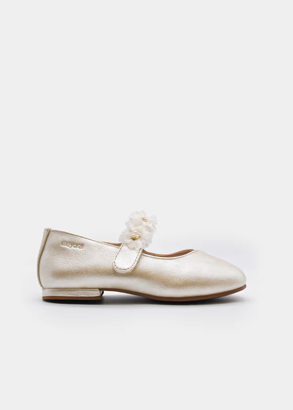 Mayoral Girls Ballet Flat With Floral Detail   43724-82   Platino