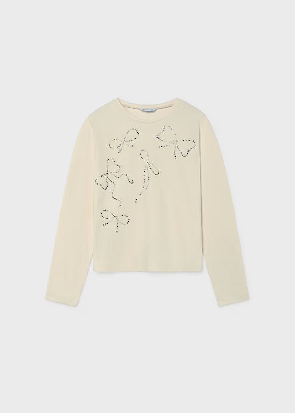 Mayoral Girls Long Sleeve Decorated Tee   7065-69   Crema