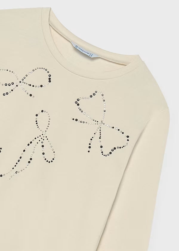 Mayoral Girls Long Sleeve Decorated Tee   7065-69   Crema