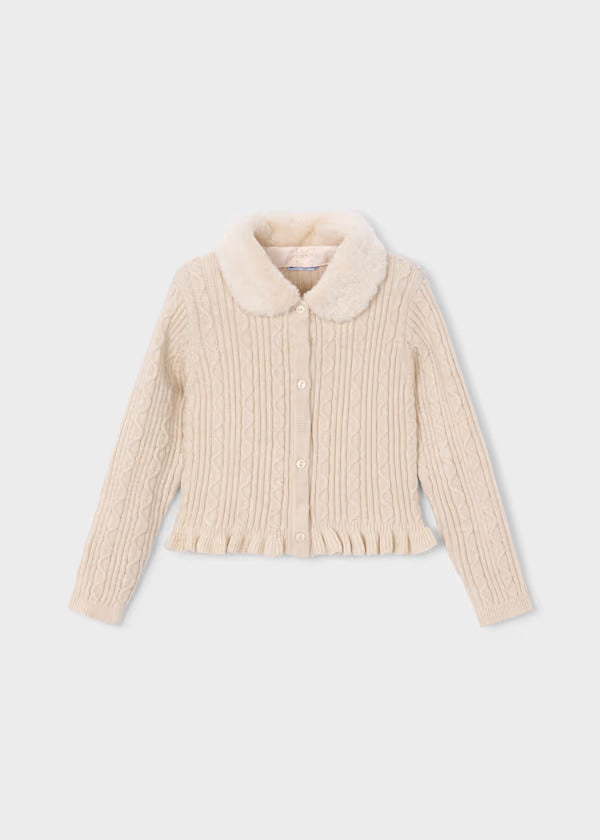 Mayoral Girls Cardigan Faux Fur Collar   4324-51   Milk Vig