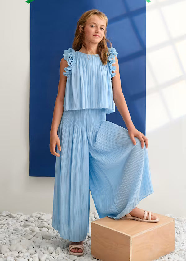Abel & Lula Girls Pleated Chiffon Pants Set   5285-34   Celeste