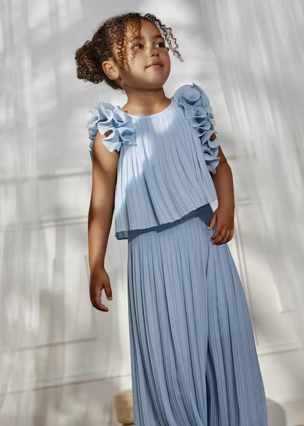 Abel & Lula Girls Pleated Chiffon Pants Set   5285-34   Celeste