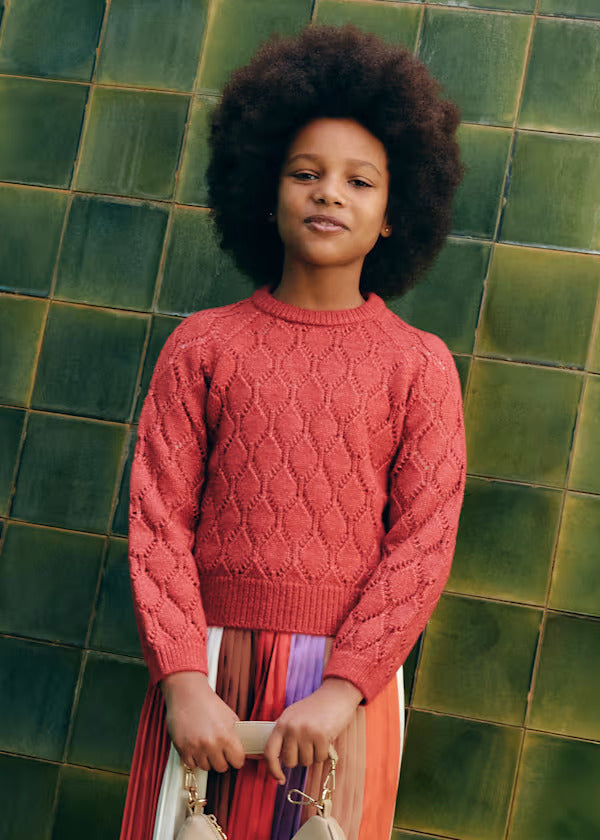 Abel & Lula Girls Glitter Open Knit Crewneck Sweater   5832-75   Paprika