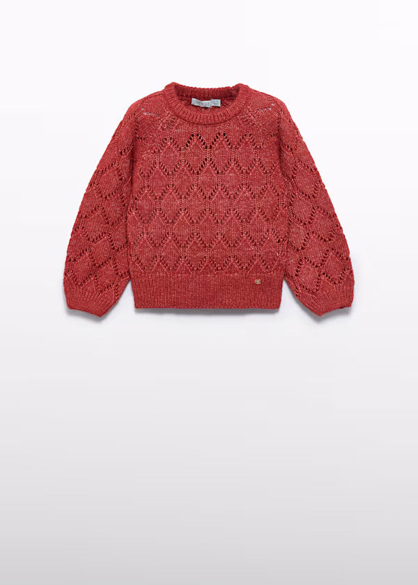 Abel & Lula Girls Glitter Open Knit Crewneck Sweater   5832-75   Paprika
