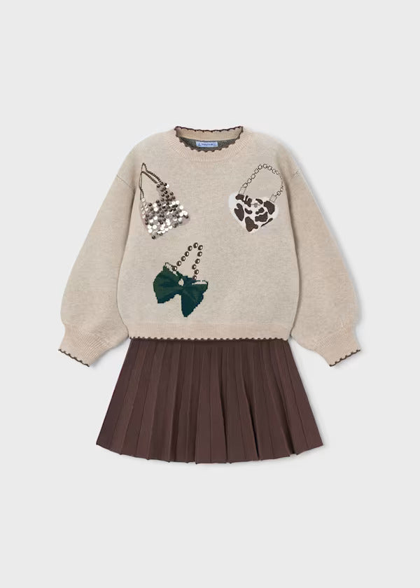 Mayoral Girls Knit Skirt Set   4933-56   Cafe