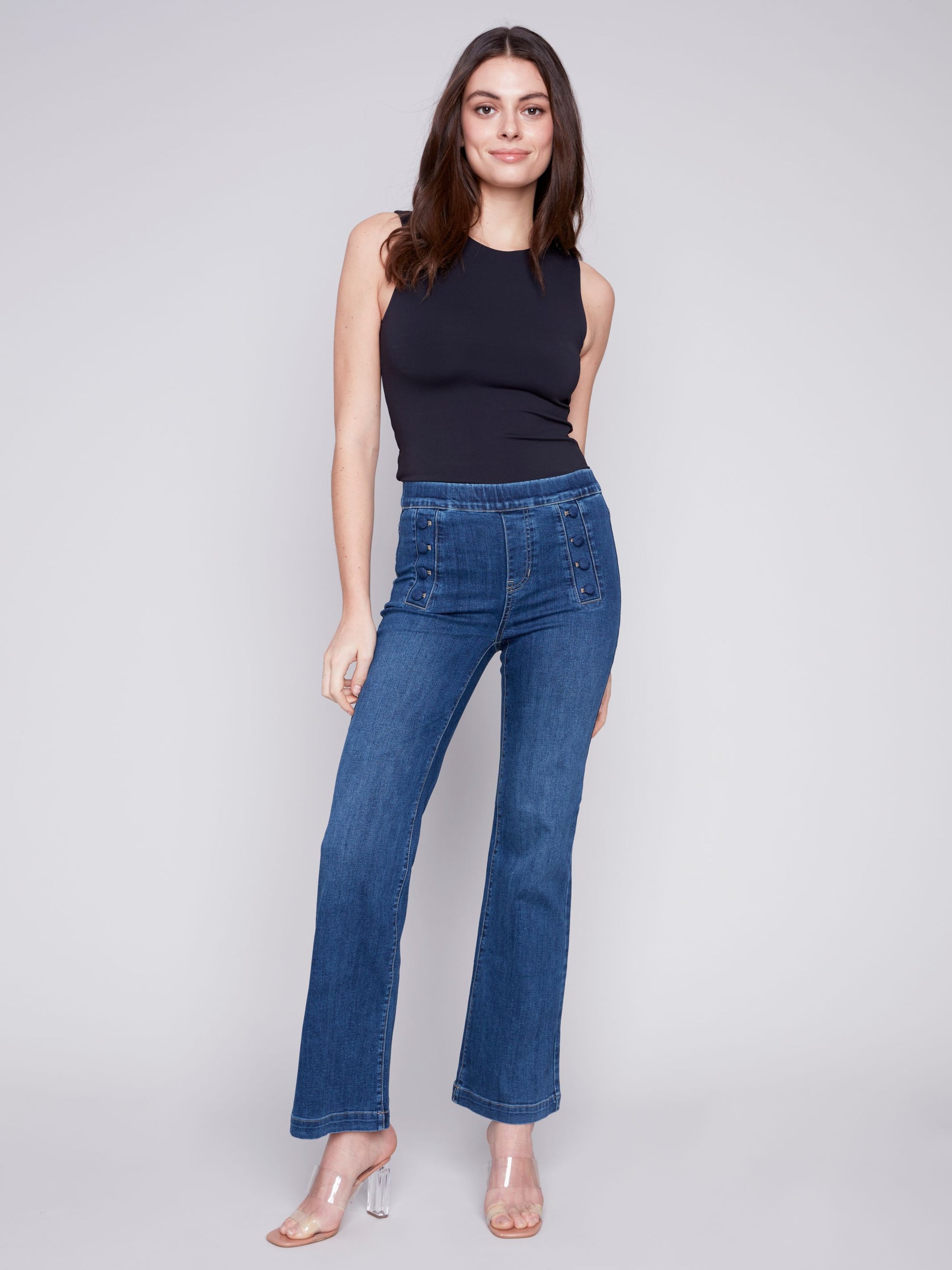 Charlie B Pull-On Wide Leg Pant with Button Plackets  C5459R  Indigo