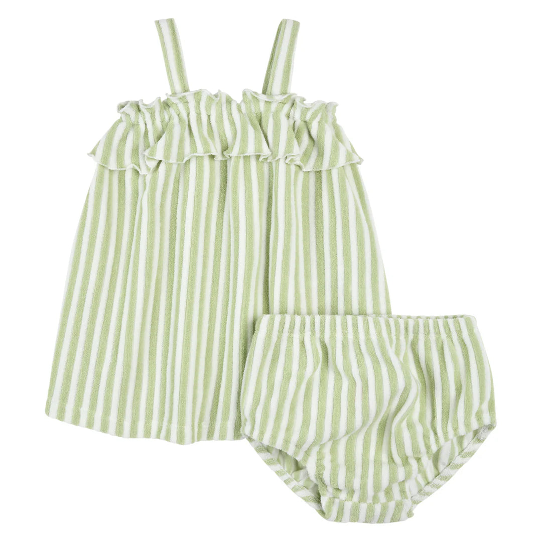 Petit Lem Baby Girl Ruffle Dress + Bloomer Set  Green Stripe   26SGW38E02