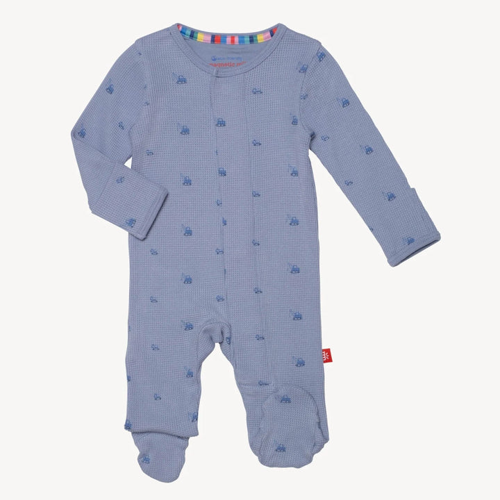 Magnetic Baby Boy Waffle Footie  -  Soft Slate Construction Print