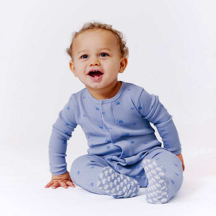 Magnetic Baby Boy Waffle Footie  -  Soft Slate Construction Print