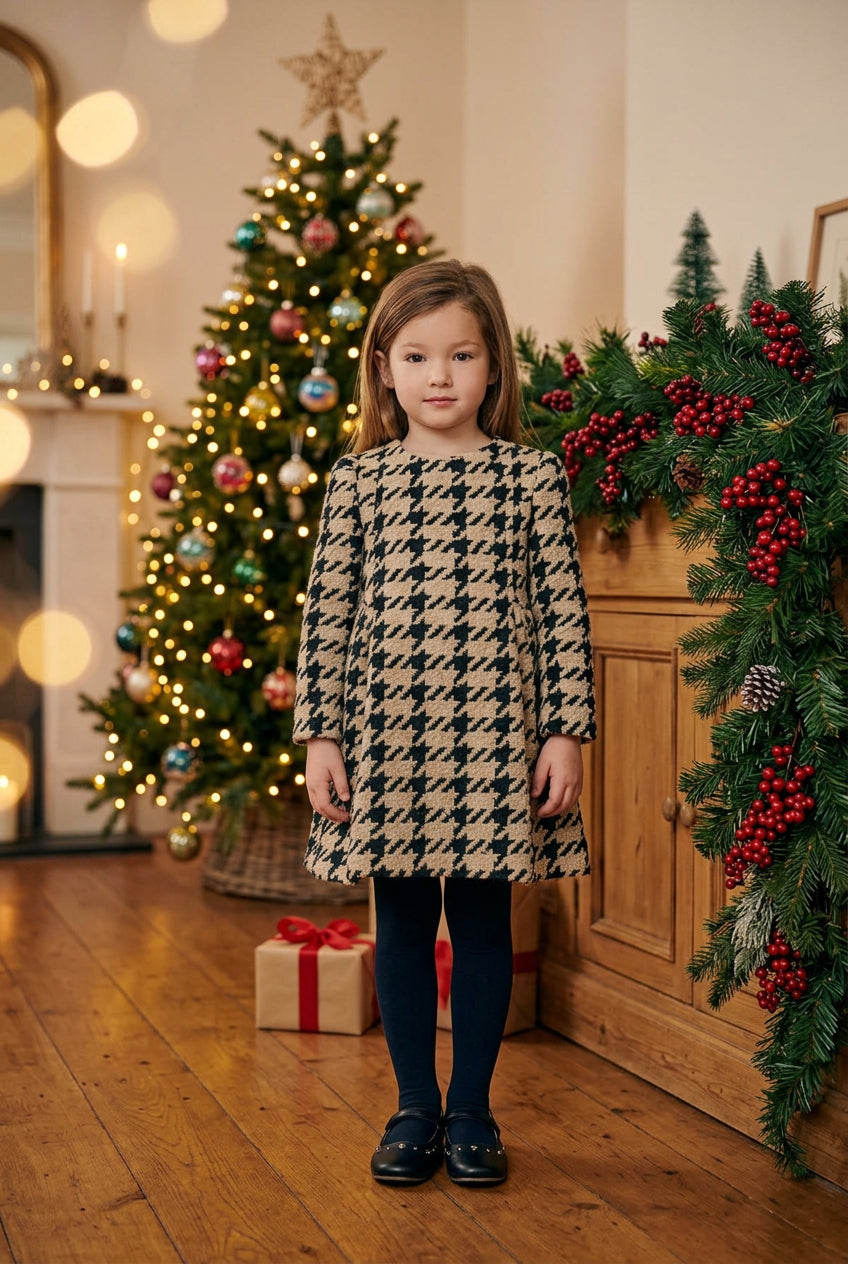 Abel & Lula Girls Tweed Houndstooth Dress   5581-3   Tostado