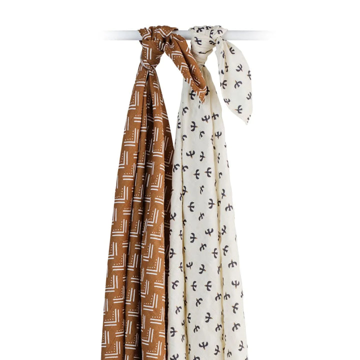 Lulujo Boho 2PK Cotton Swaddles  LJ159  Mudcloth/Black Birds