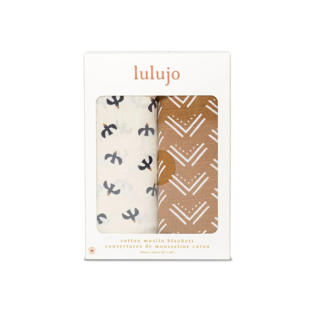 Lulujo Boho 2PK Cotton Swaddles  LJ159  Mudcloth/Black Birds