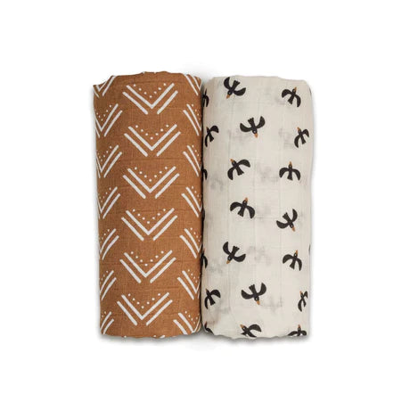 Lulujo Boho 2PK Cotton Swaddles  LJ159  Mudcloth/Black Birds
